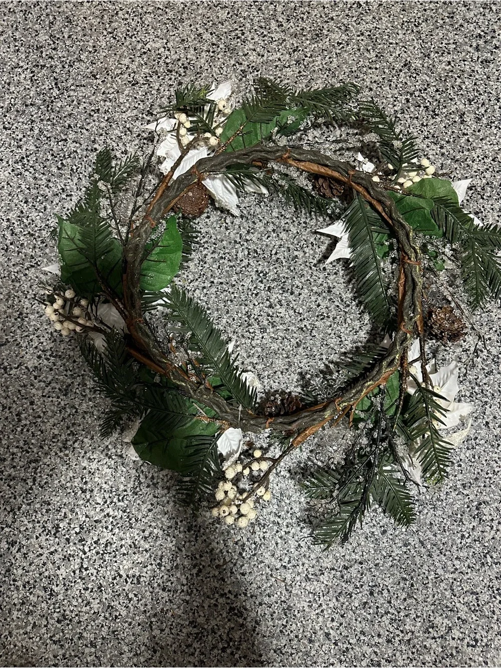 Holiday White Poinsettia and Pine Wreath - Decorative Accent